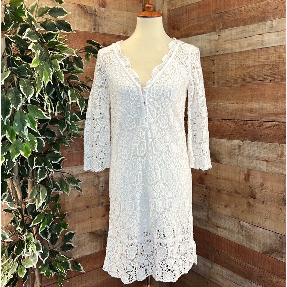 DVF Lace White Partially Lined Button Front Silk Blend Midi Dress